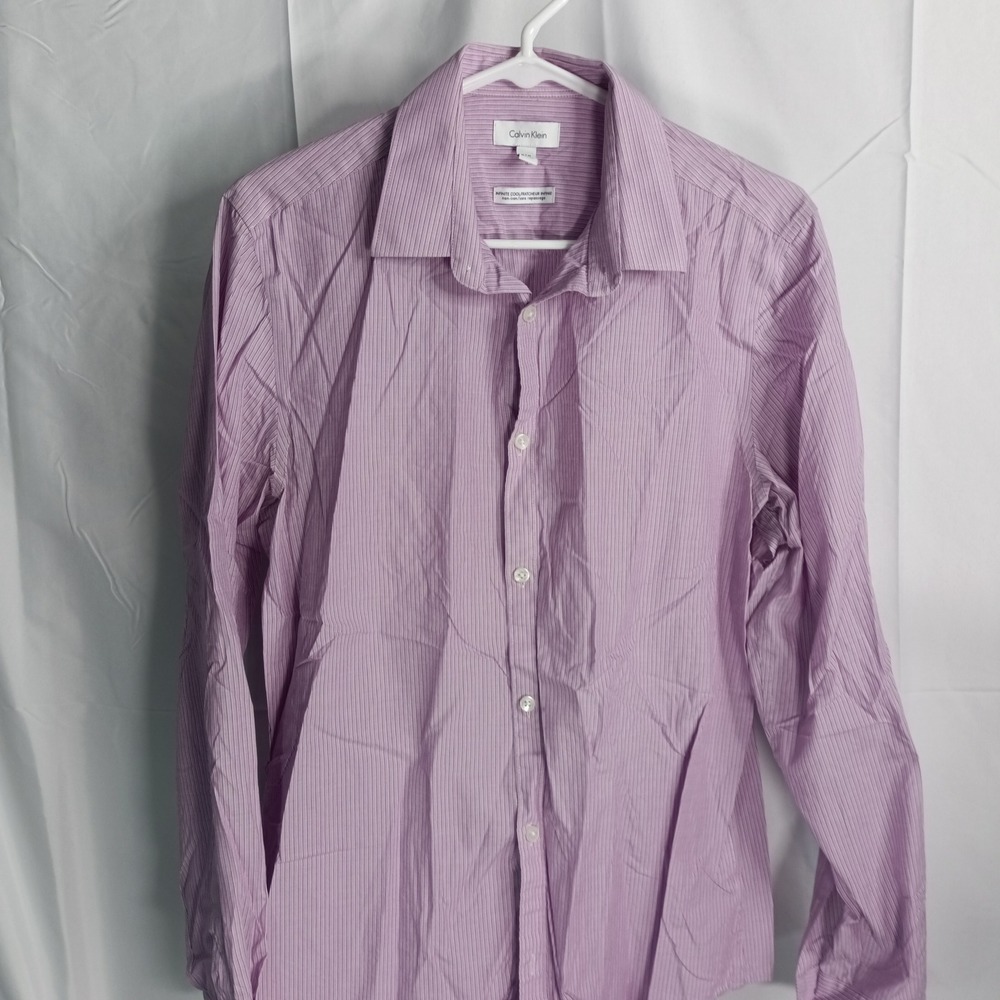 Calvin Klein Mens Infinite Cool Non-Iron Dress Shirt Purple Stripe Medium